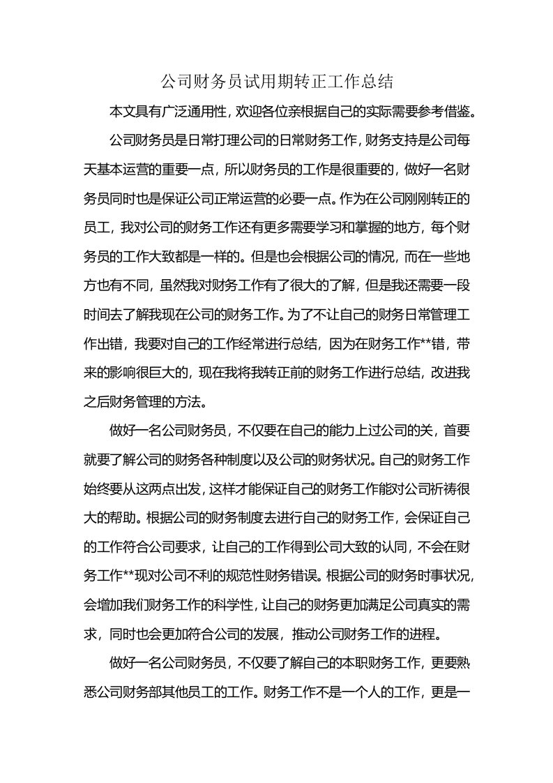 公司财务员试用期转正工作总结