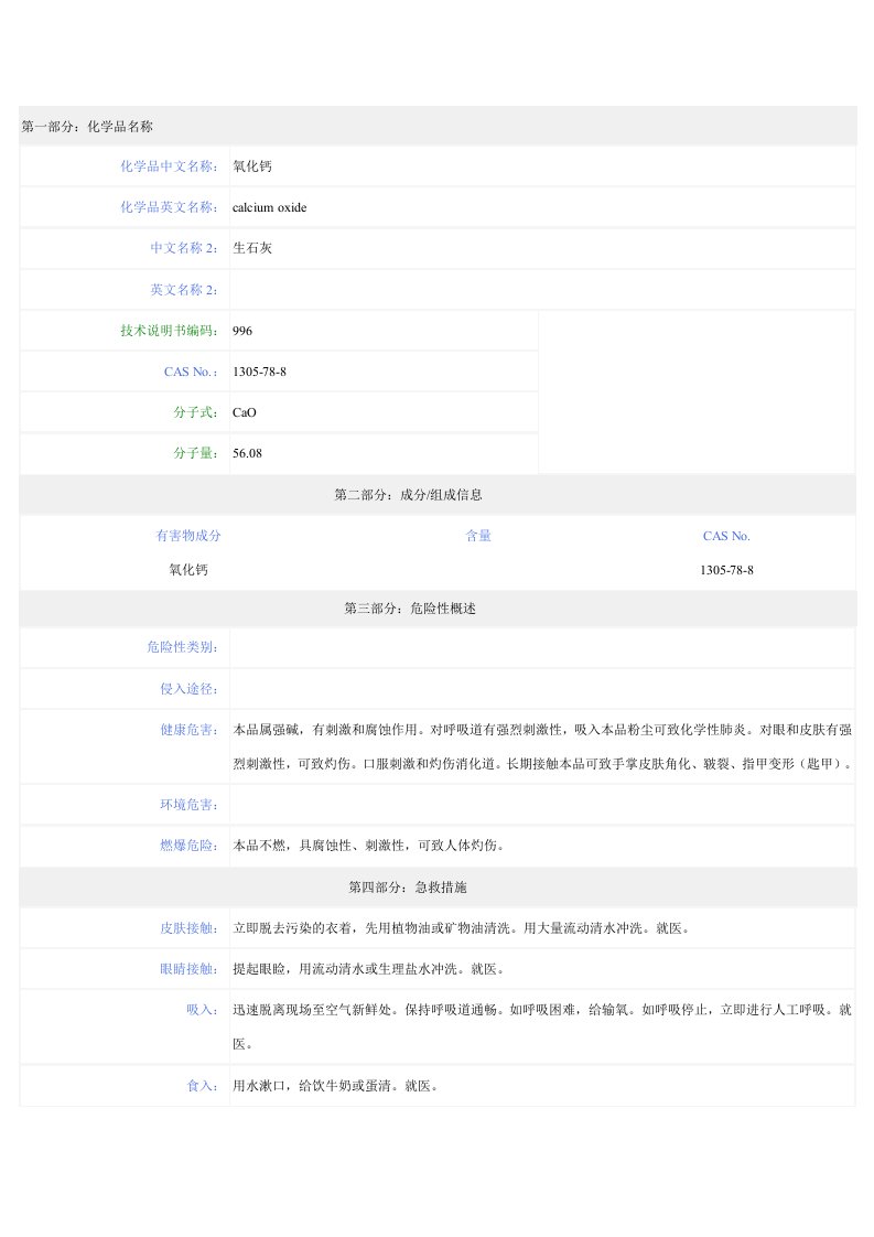 氧化钙-安全技术说明书(MSDS)