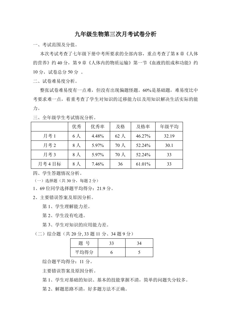 九年级生物第三次月考试卷分析