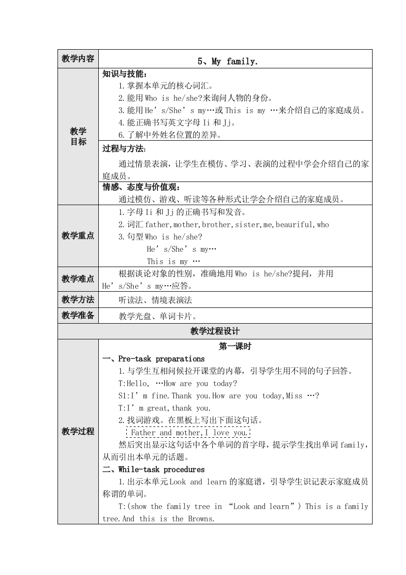 沪教牛津版三起三年级上册英语教案-Unit-5-My-family