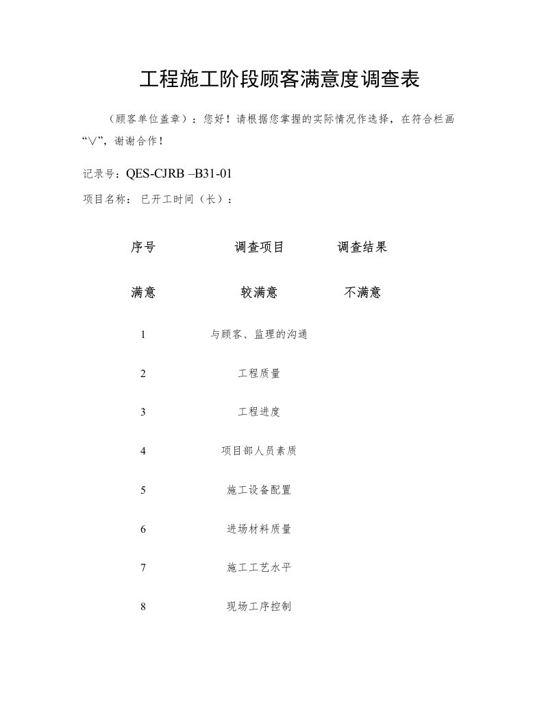 工程施工阶段顾客满意度调查表.