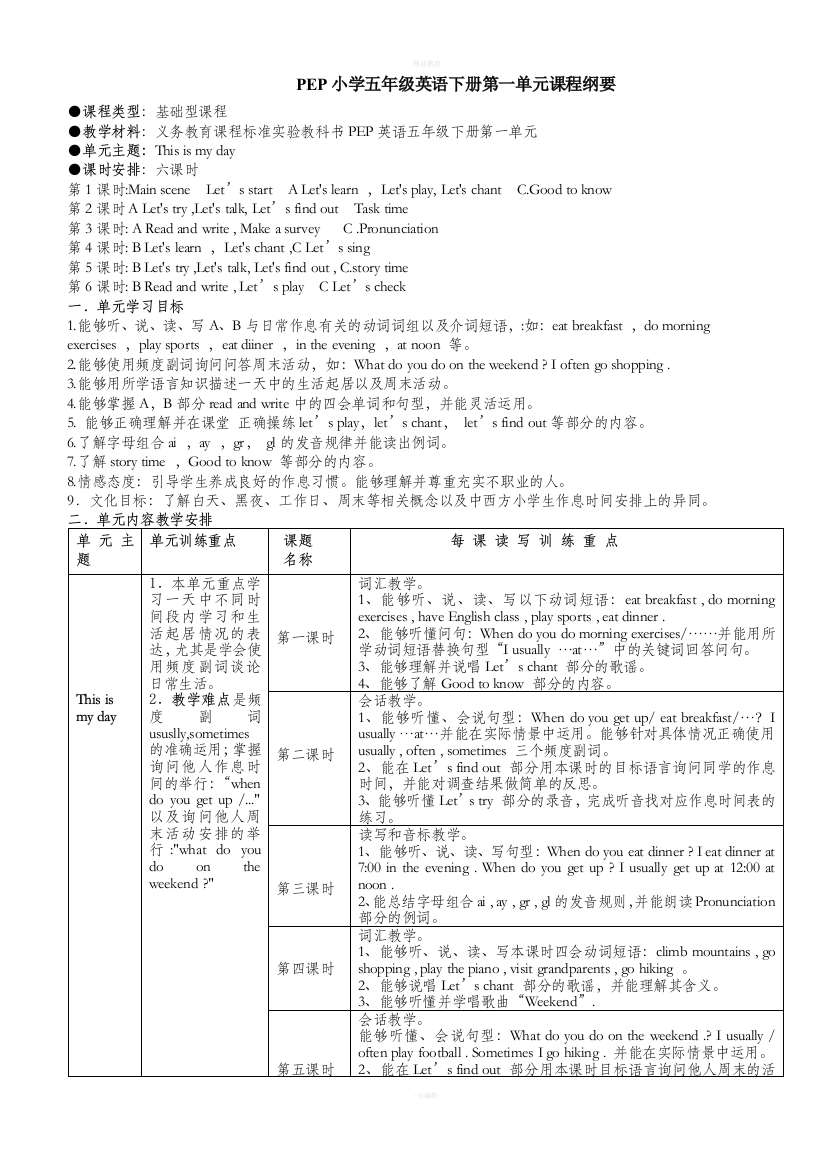 小学英语五年级下册单元课程纲要