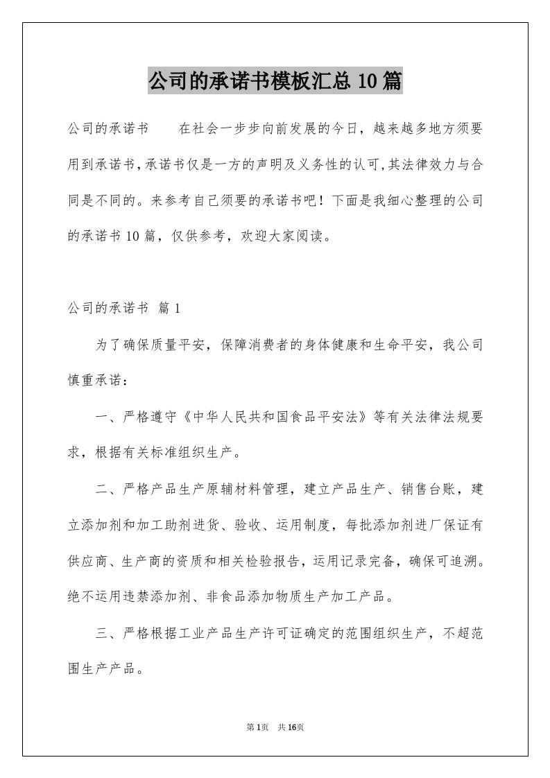 公司的承诺书模板汇总10篇