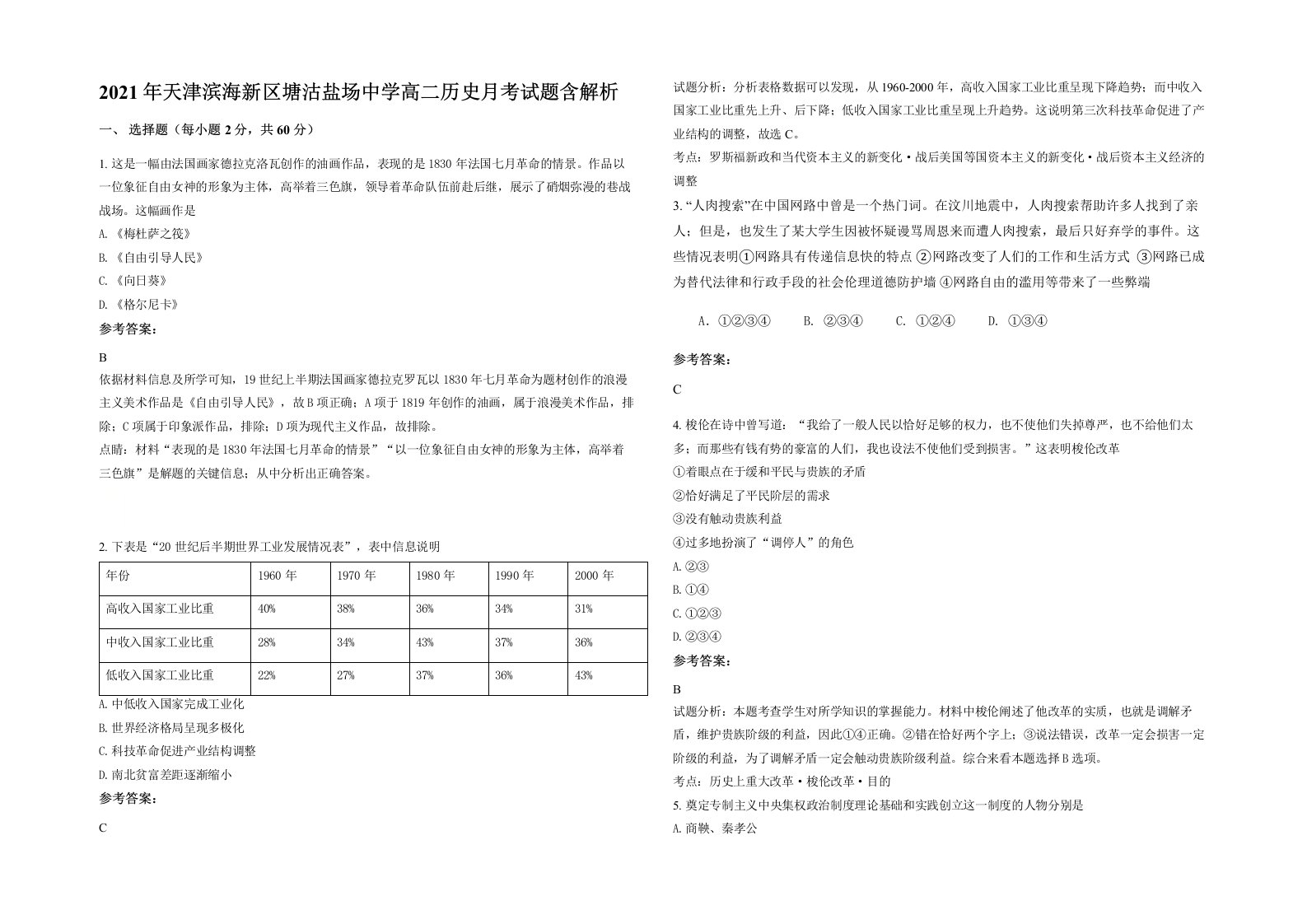 2021年天津滨海新区塘沽盐场中学高二历史月考试题含解析