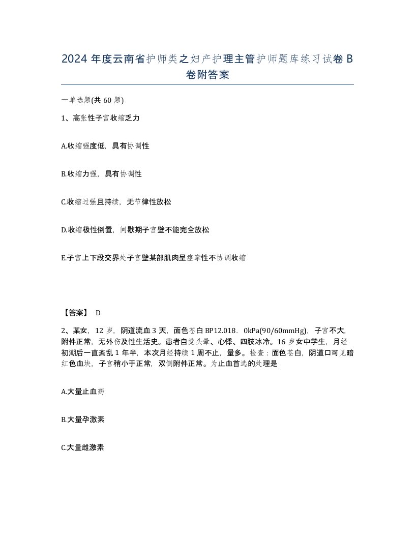 2024年度云南省护师类之妇产护理主管护师题库练习试卷B卷附答案