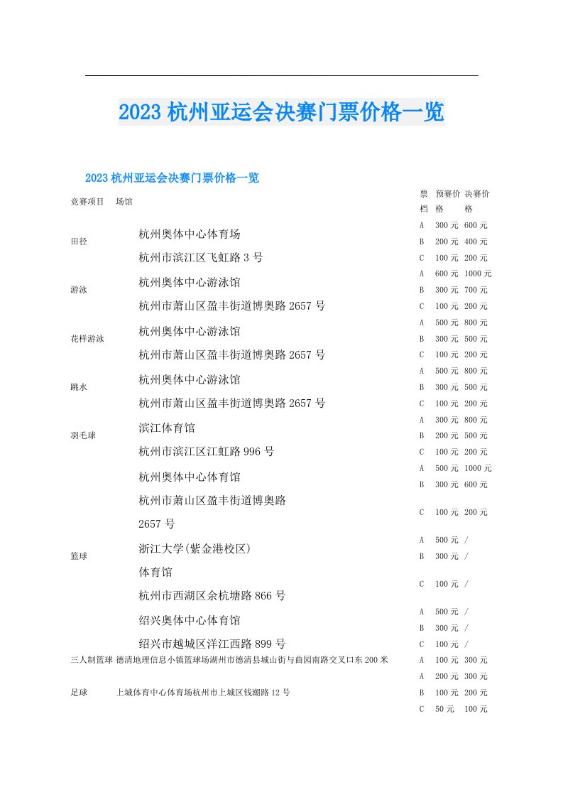 杭州亚运会决赛门票价格一览