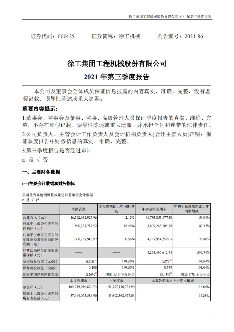 深交所-徐工机械：2021年第三季度报告-20211030