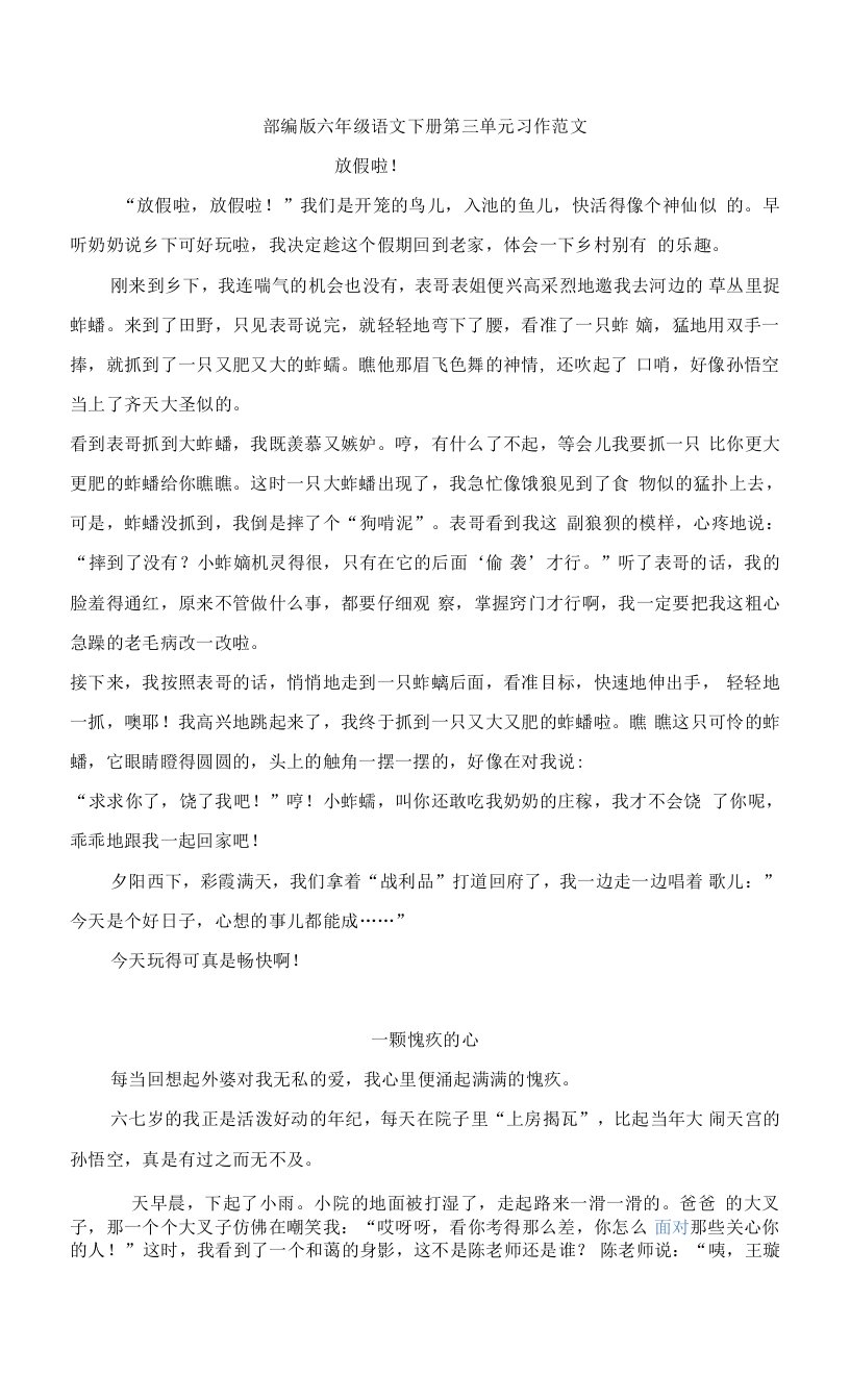 部编版六年级下册第三单元习作范文