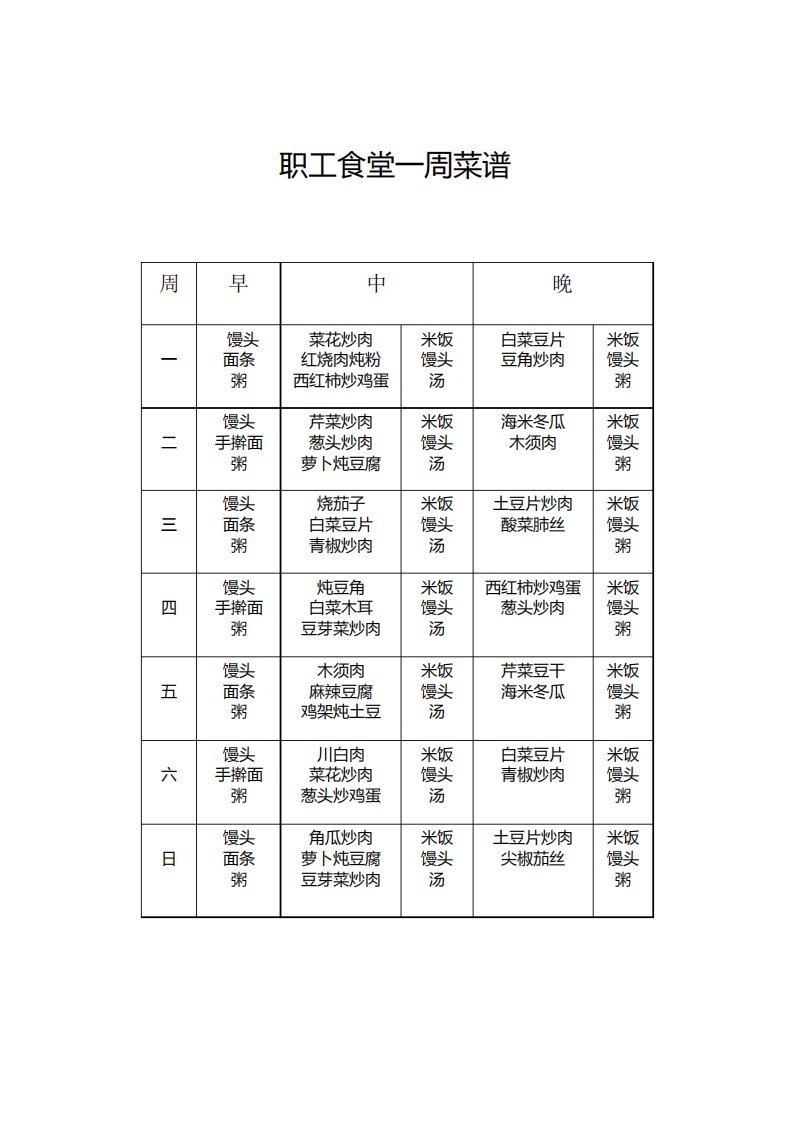 职工食堂一周冬季菜谱