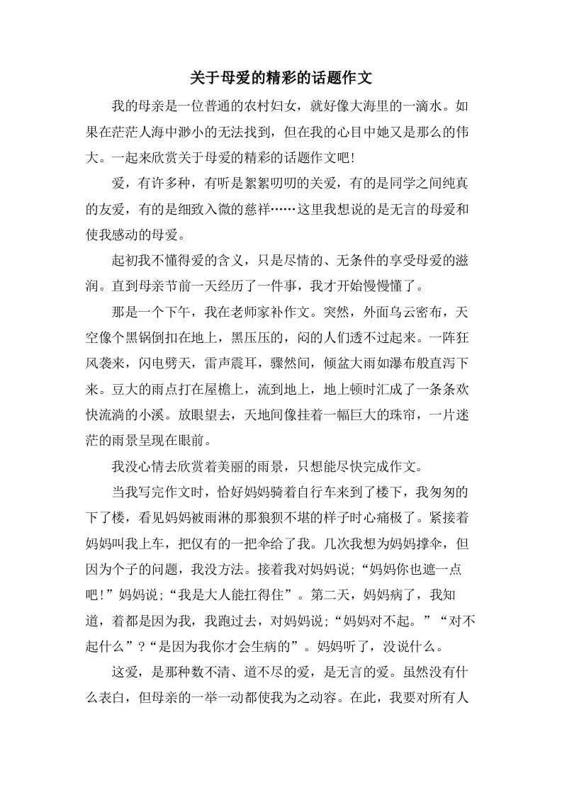 关于母爱的精彩的话题作文