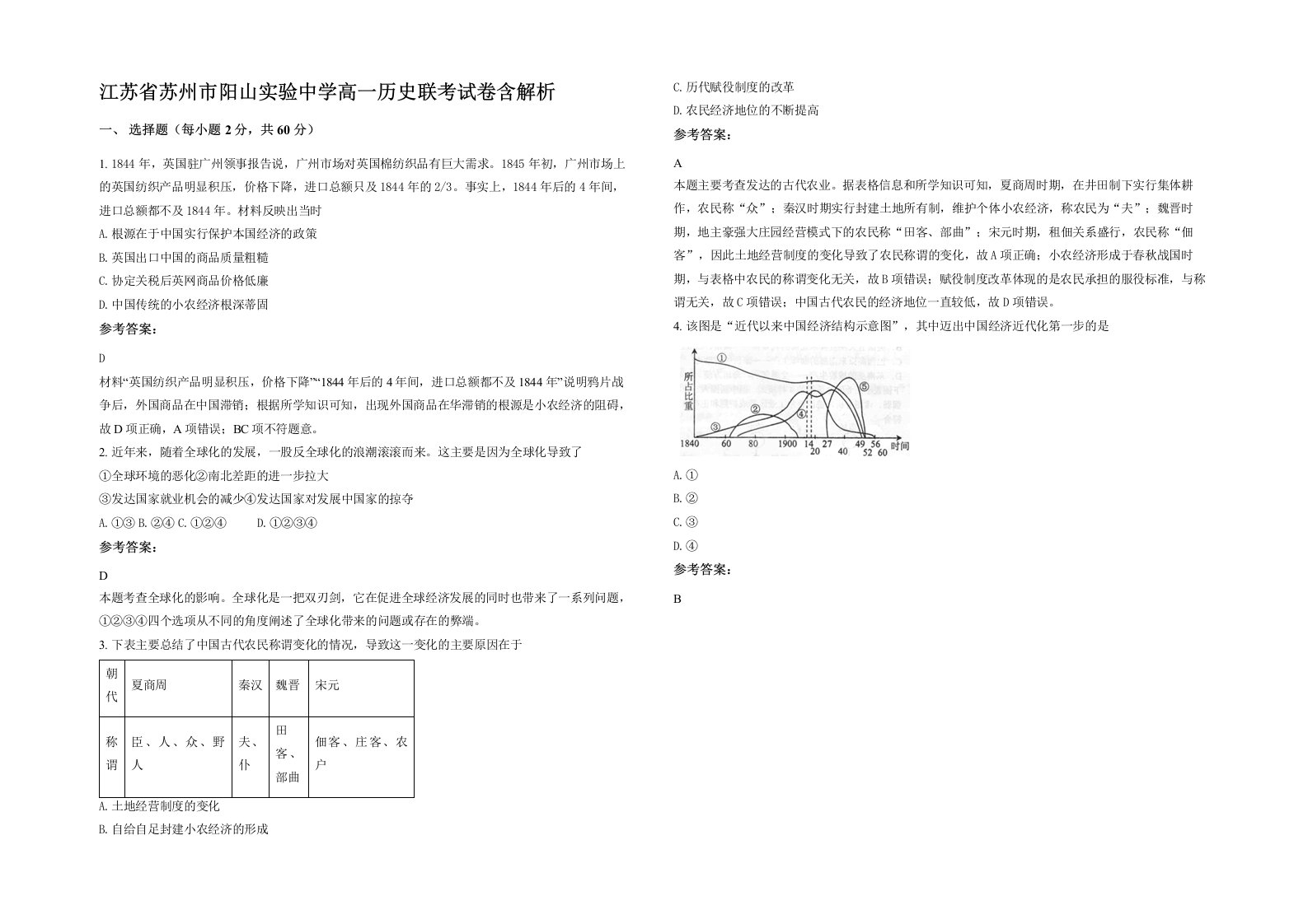 江苏省苏州市阳山实验中学高一历史联考试卷含解析