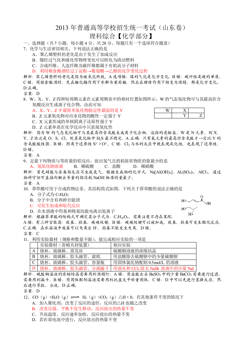 高考真题——理综化学山东卷word解析版