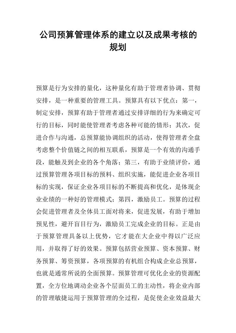 公司预算管理体系的建立以及成绩考核的规划