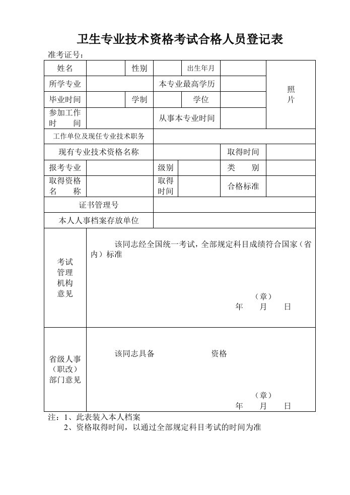 卫生专业技术资格考试合格人员登记表