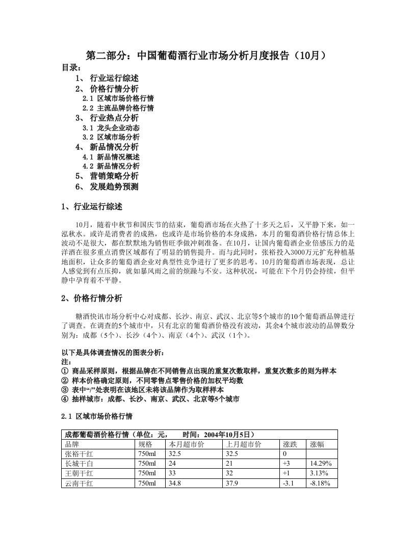 第二部分：中国地葡萄酒行业市场分析月度报告(10月)