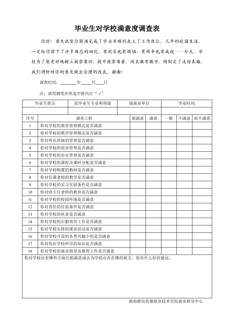 毕业生对学校满意度调查表