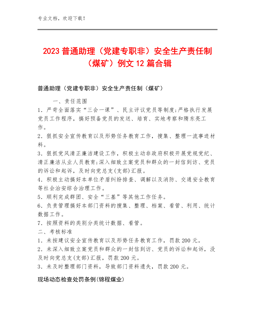 2023普通助理（党建专职非）安全生产责任制（煤矿）例文12篇合辑