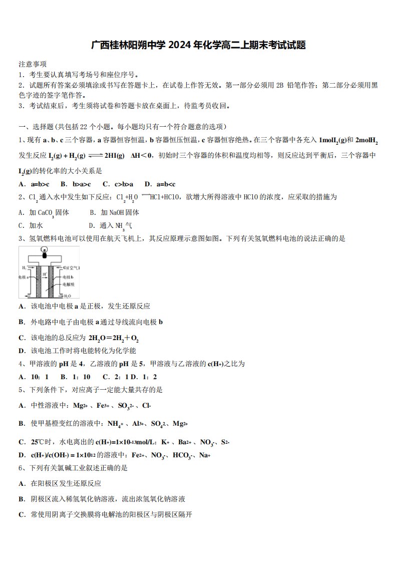 广西桂林阳朔中学2024年化学高二上期末考试试题含解析