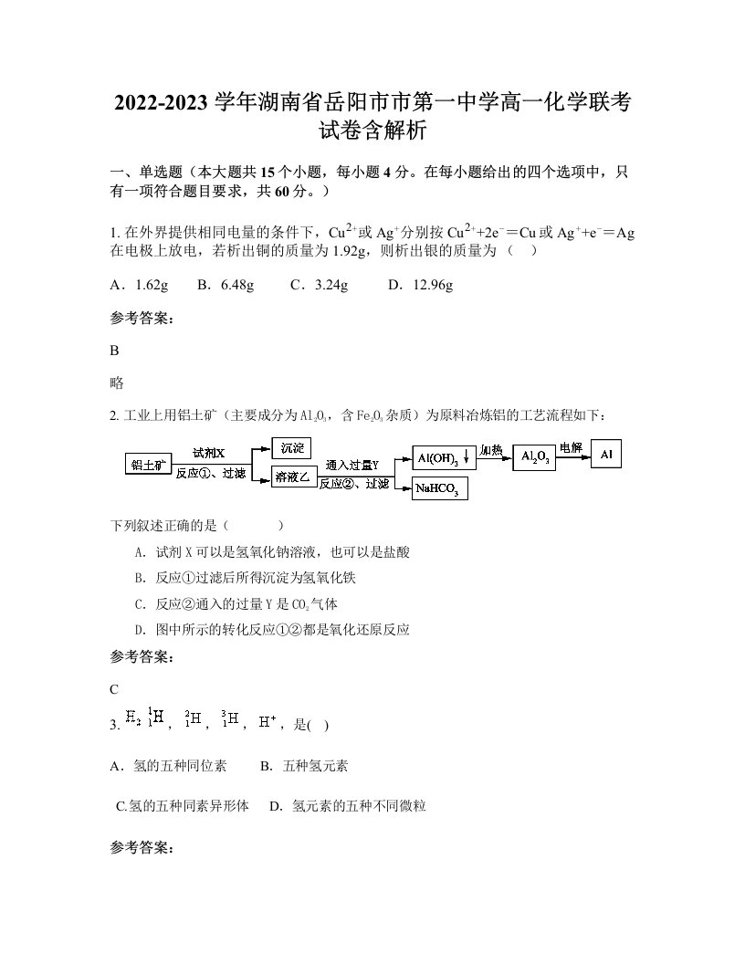 2022-2023学年湖南省岳阳市市第一中学高一化学联考试卷含解析