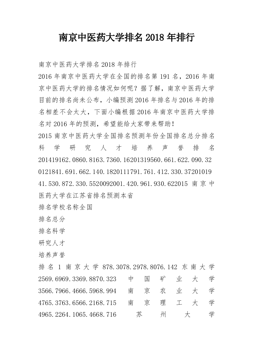 南京中医药大学排名2018年排行