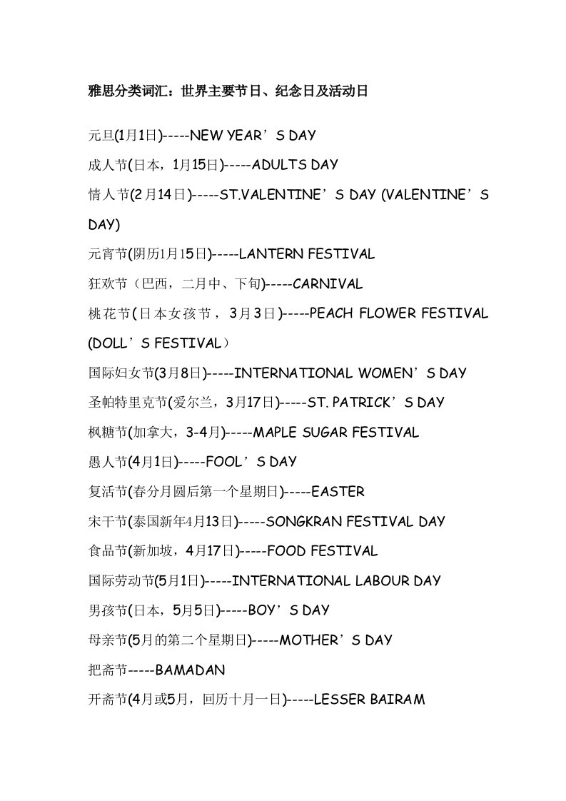 洛阳瑞欧名师整理雅思分类词汇世界主要节日、纪念日及活动日