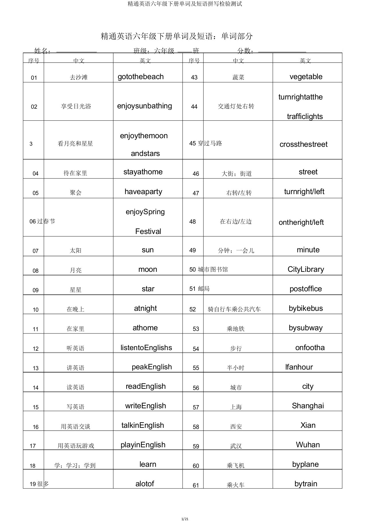 精通英语六年级下册单词及短语拼写检验测试