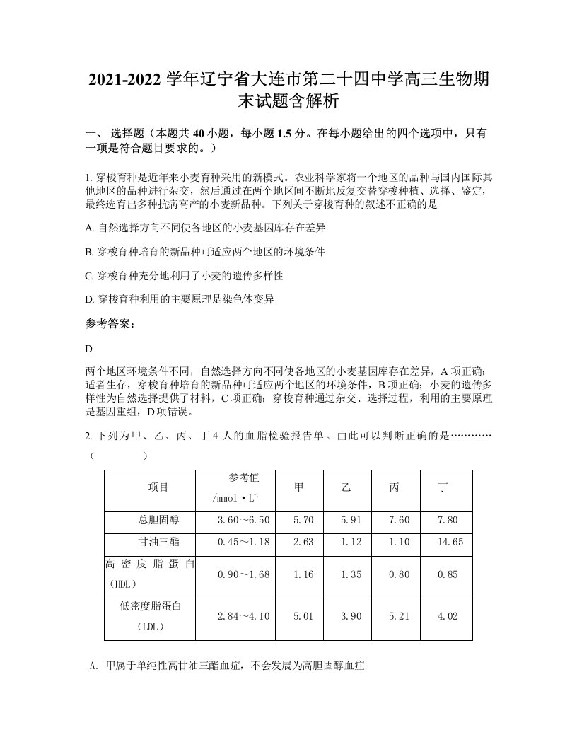 2021-2022学年辽宁省大连市第二十四中学高三生物期末试题含解析