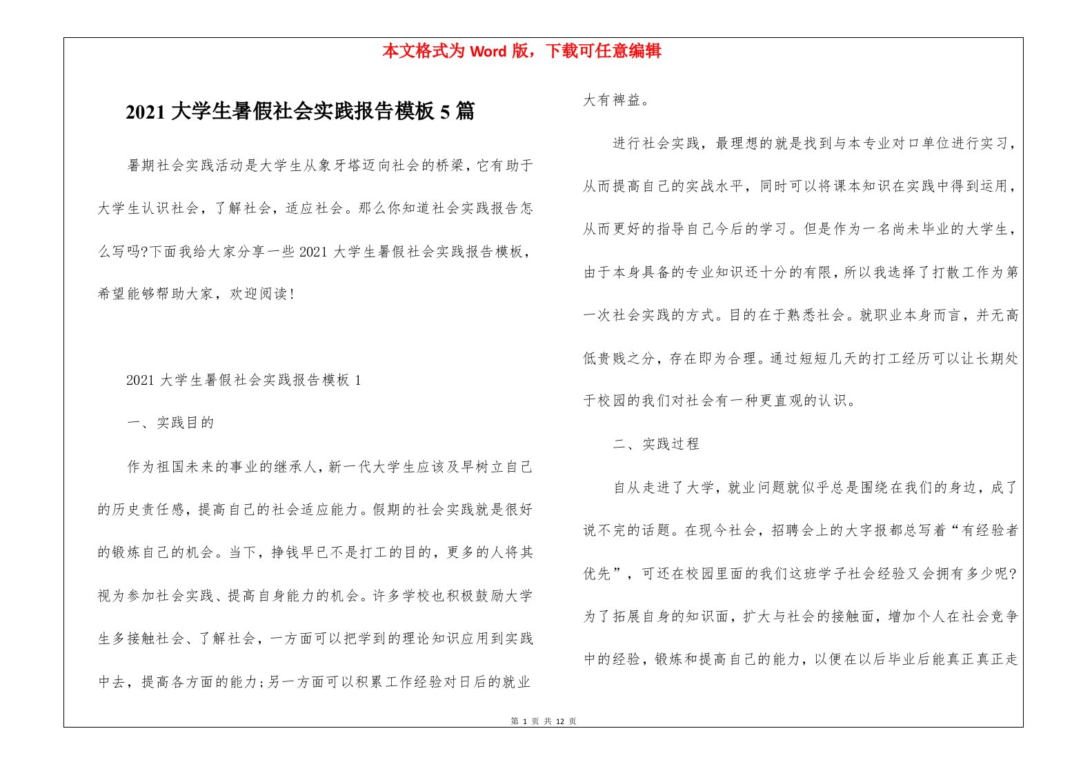 2021大学生暑假社会实践报告模板5篇