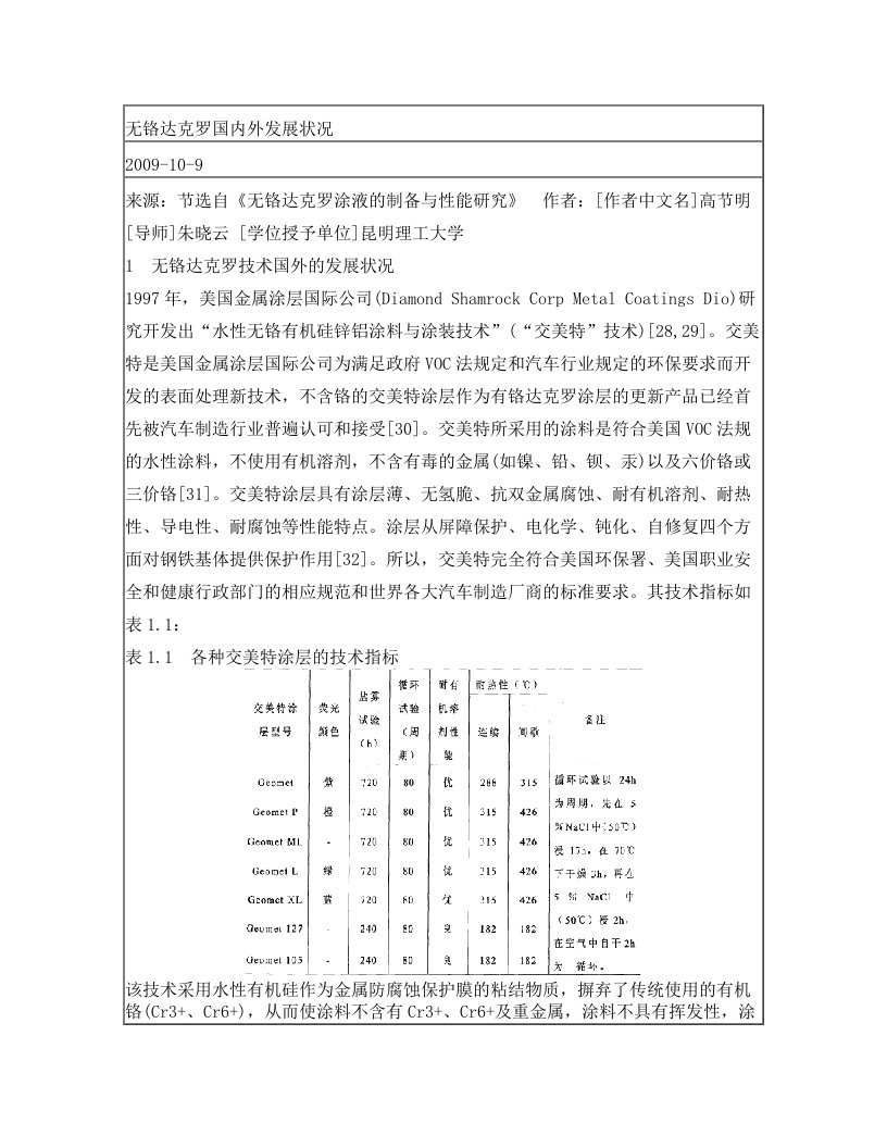 无铬达克罗国内外发展状况