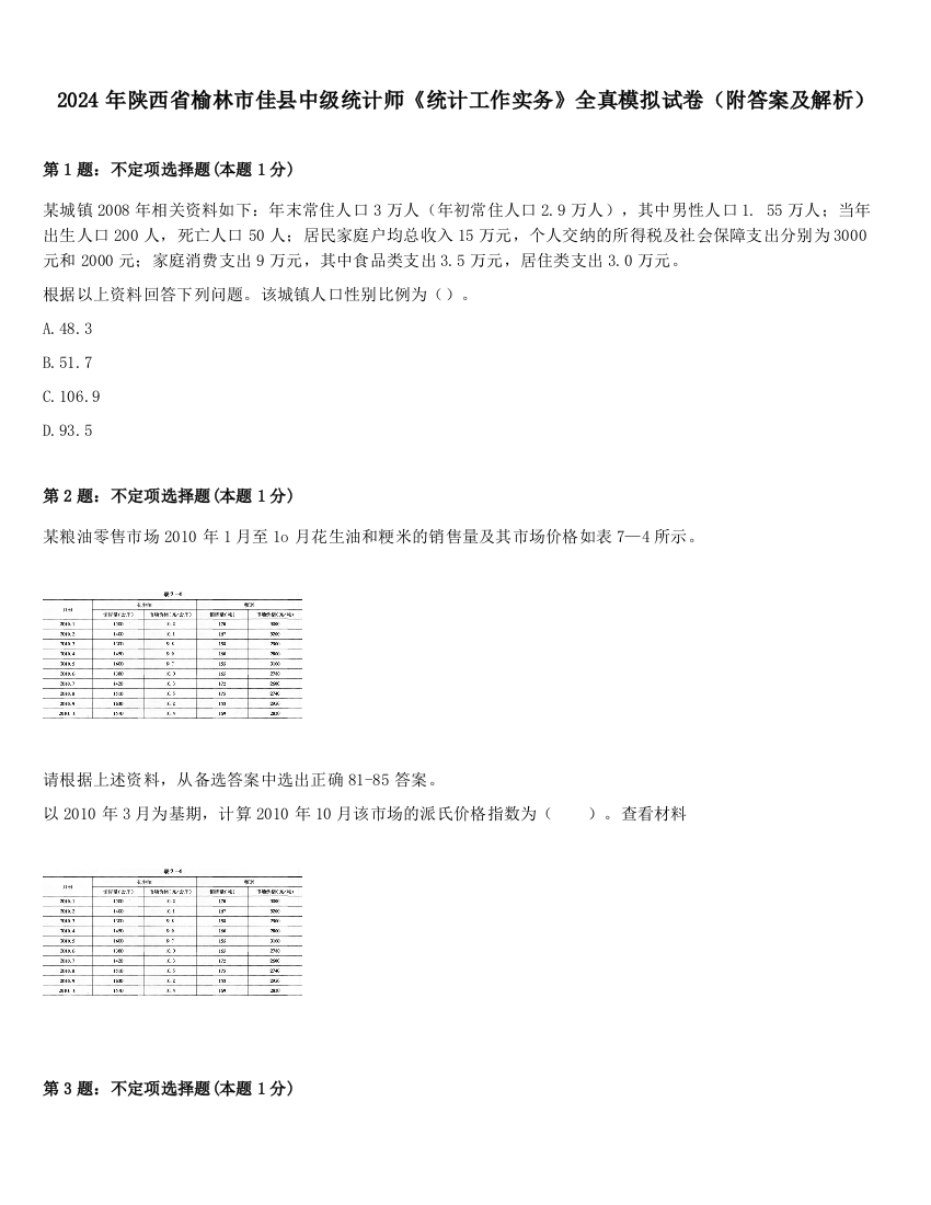 2024年陕西省榆林市佳县中级统计师《统计工作实务》全真模拟试卷（附答案及解析）