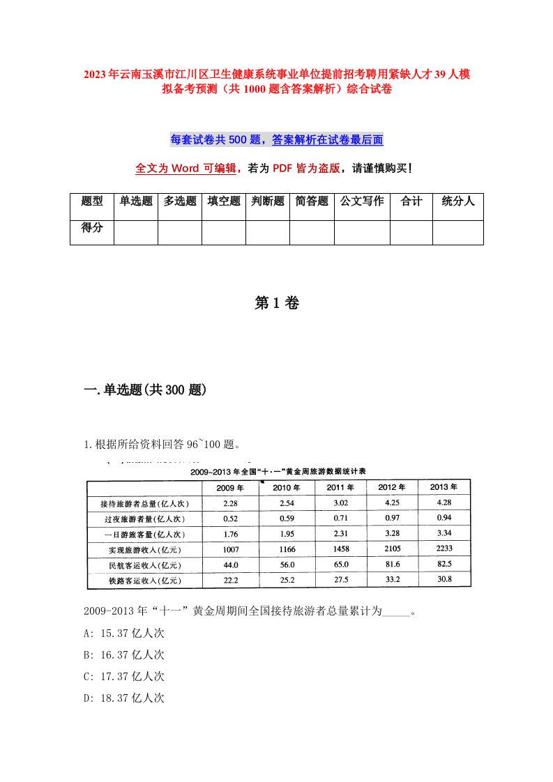 2023年云南玉溪市江川区卫生健康系统事业单位提前招考聘用紧缺人才39人模拟备考预测共1000题含答案解析综合试卷