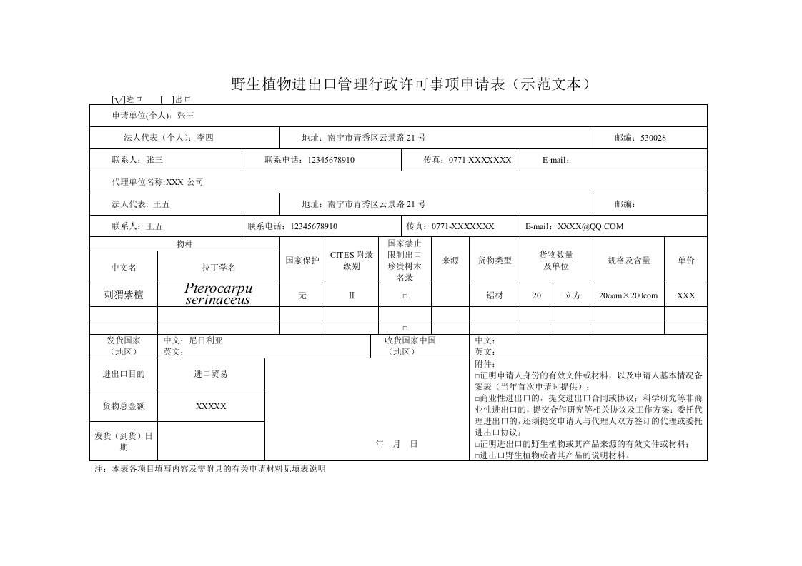 野生植物进出口管理行政许可事项申请表格（示范文本）