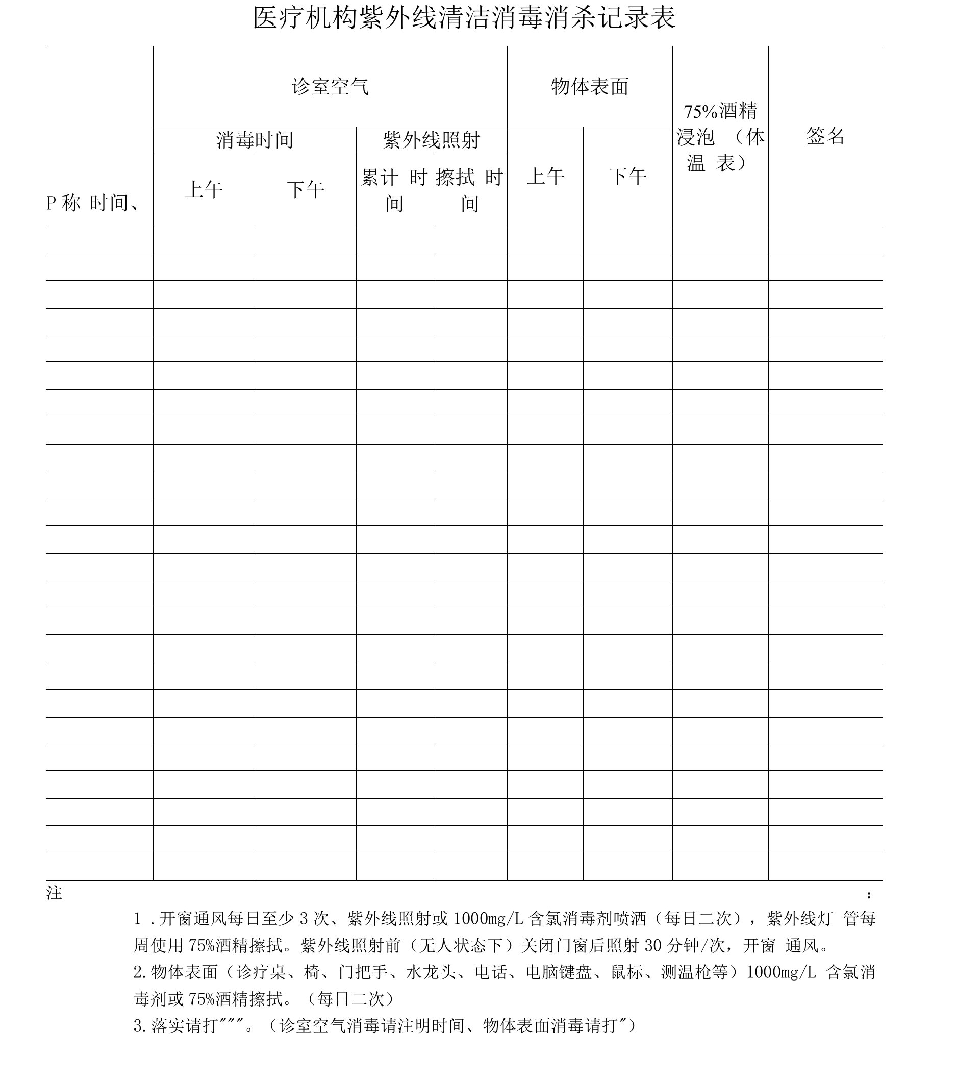 医疗机构紫外线清洁消毒消杀记录表