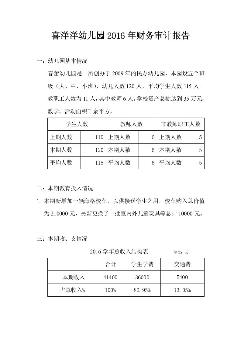 喜洋洋幼儿园财务审计报告