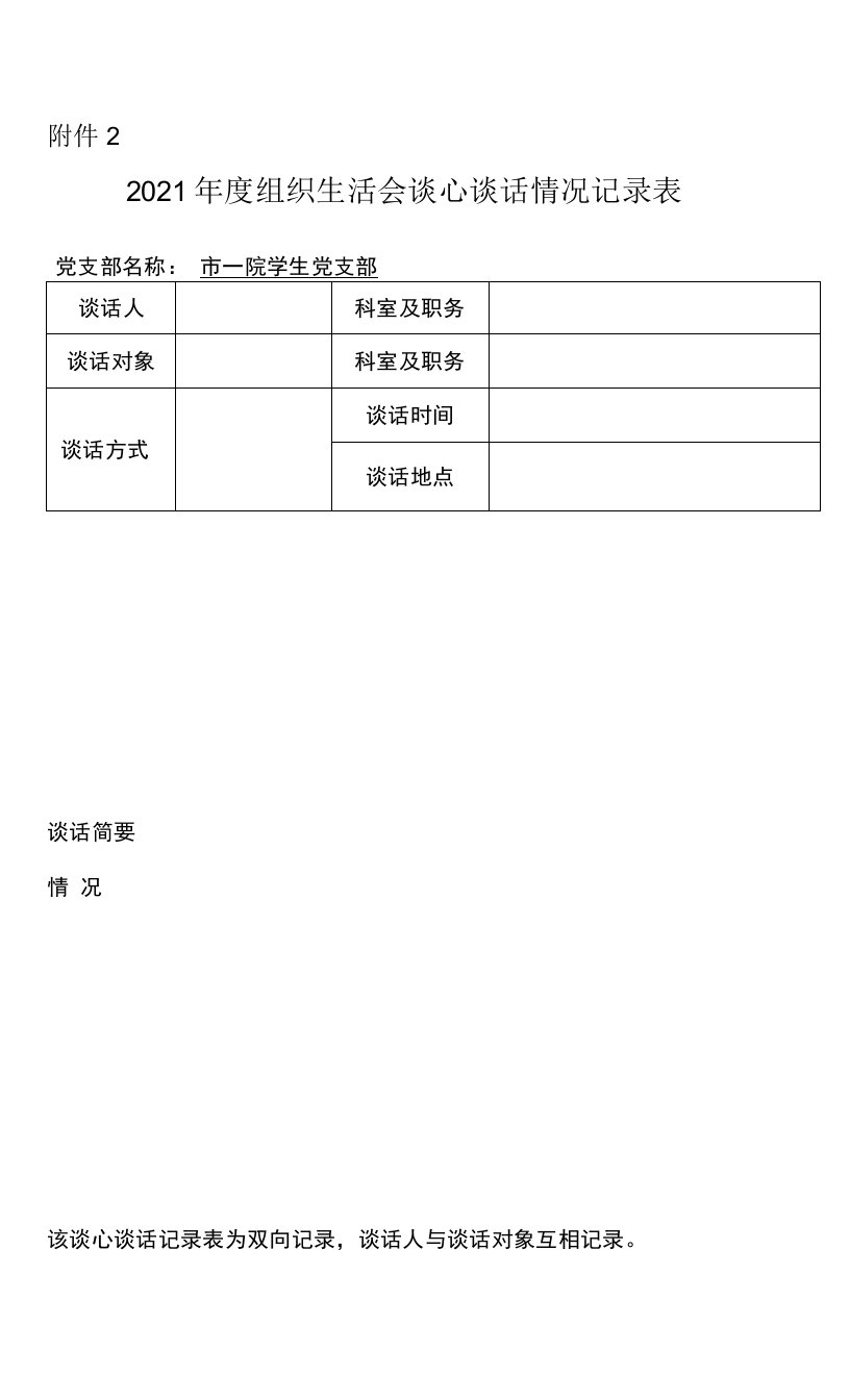 2021年度组织生活会谈心谈话情况记录表