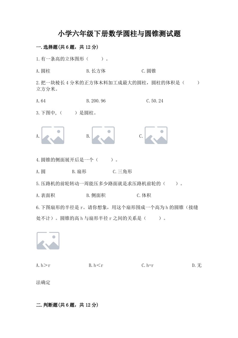 小学六年级下册数学圆柱与圆锥测试题带精品答案