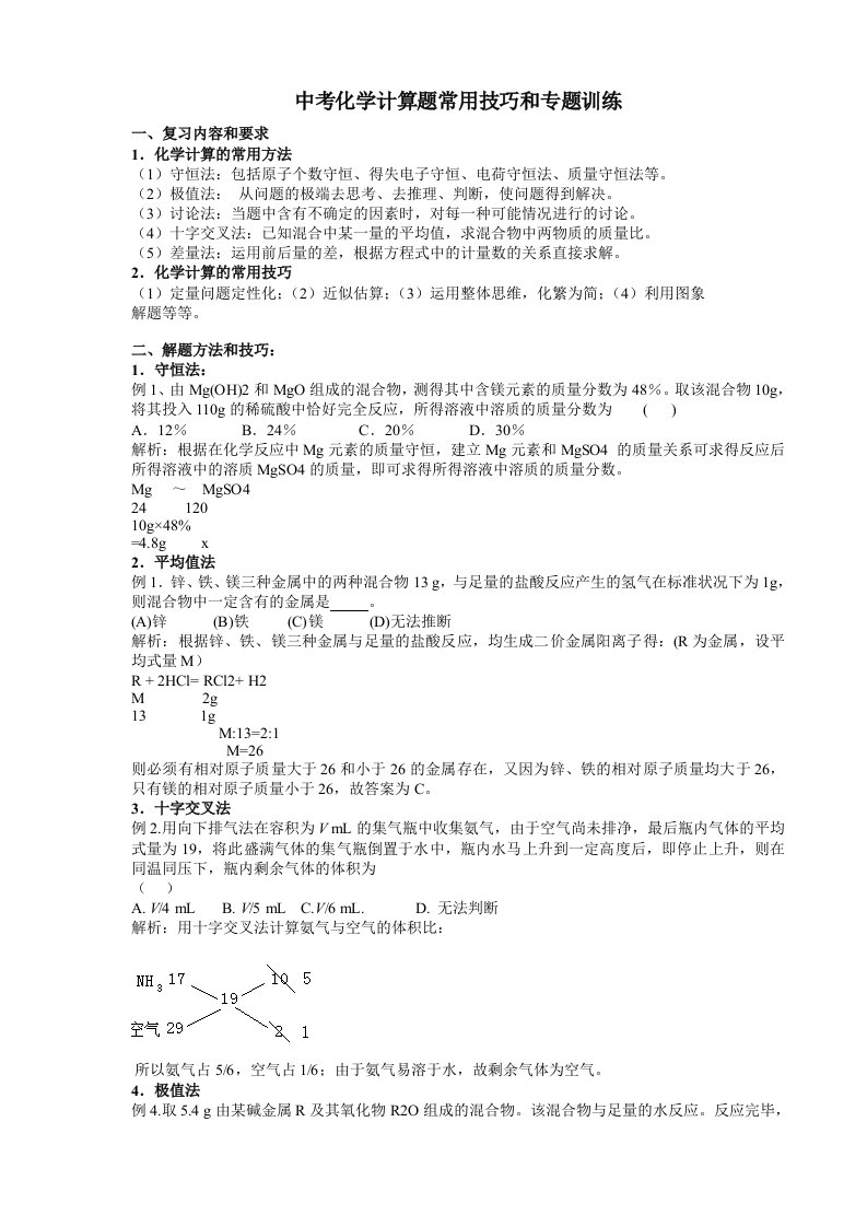 中考化学计算题常用技巧和专题训练