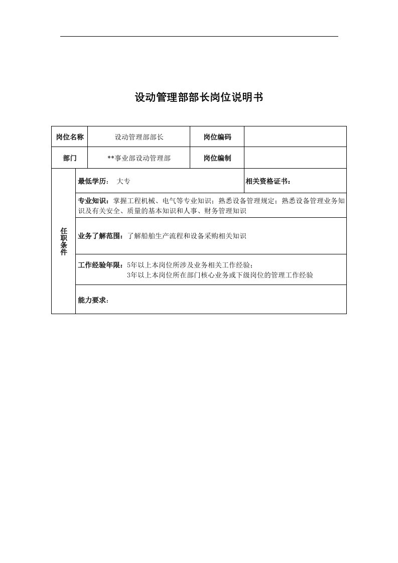 广船国际事业部设动管理部部长岗位说明书