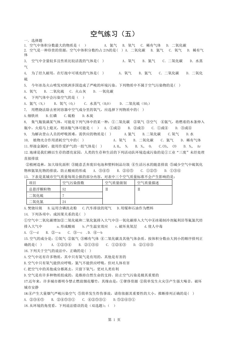 初三化学--空气练习题及答案(000001)