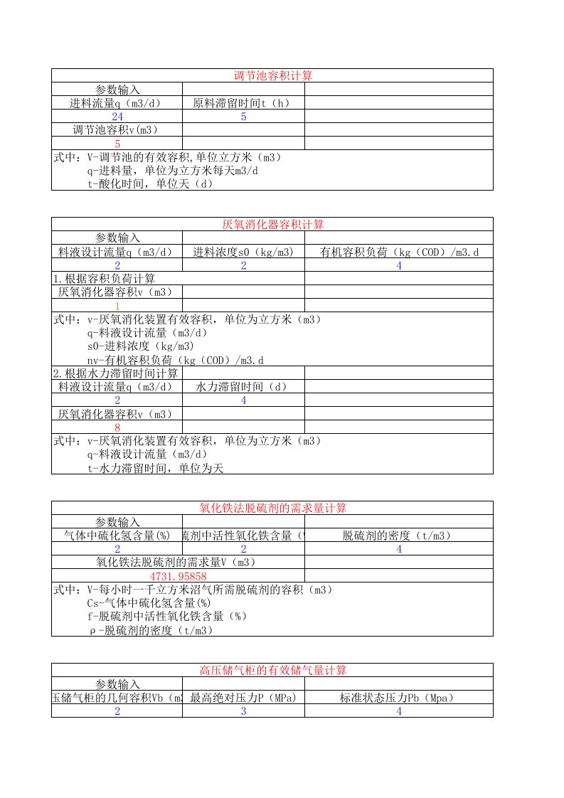 沼气设计相关计算公式