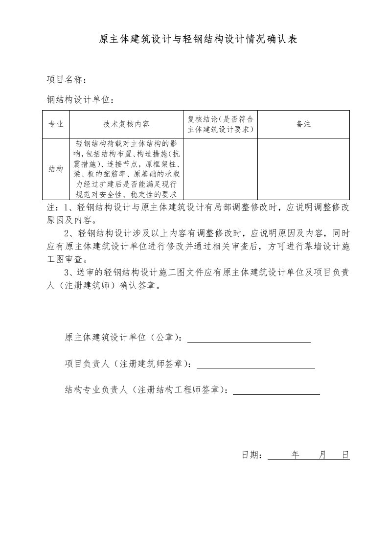 原主体建筑设计与轻钢结构设计情况确认表