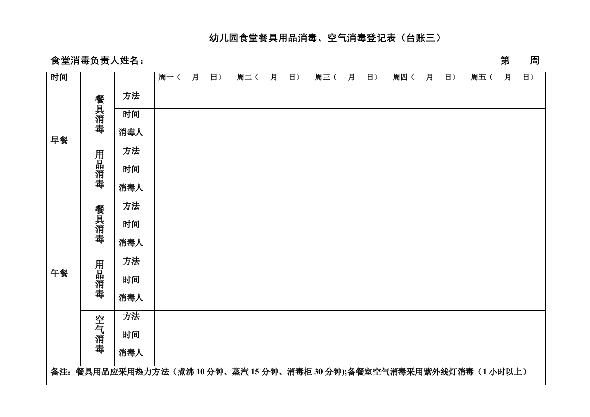 幼儿园食堂餐具用具消毒空气消毒登记表台账三