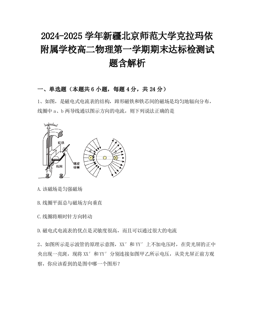 2024-2025学年新疆北京师范大学克拉玛依附属学校高二物理第一学期期末达标检测试题含解析