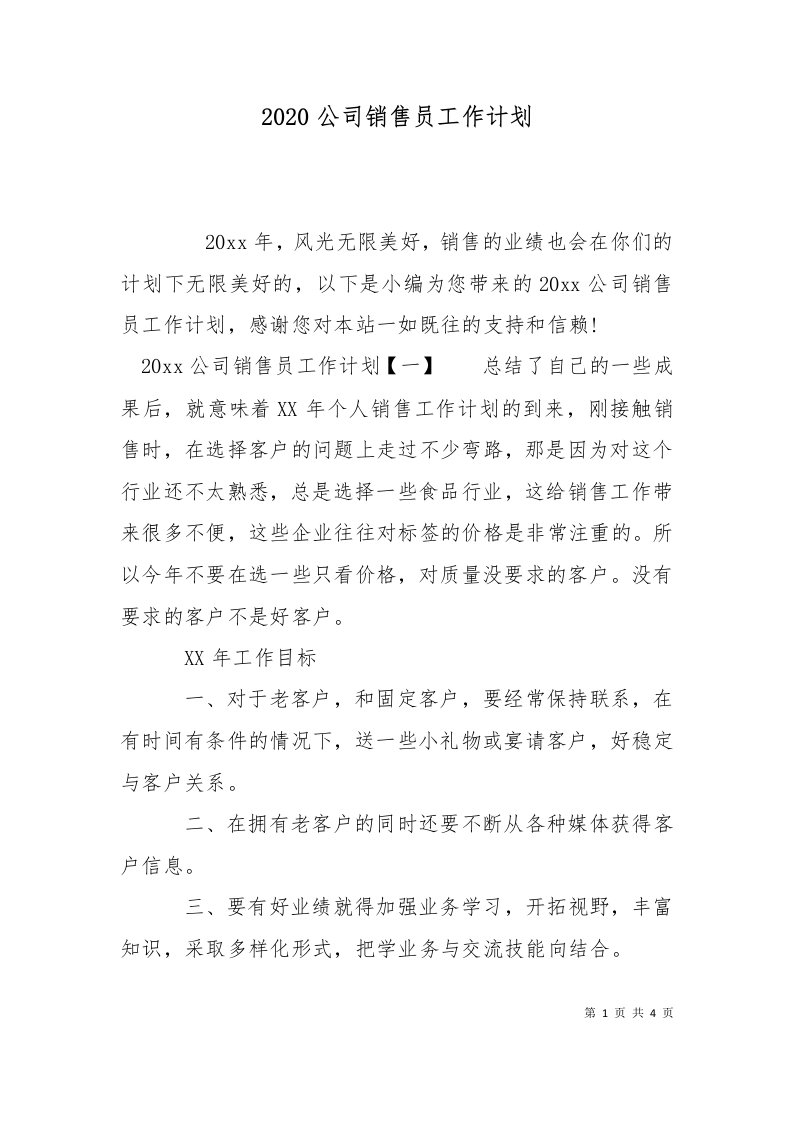 精选2020公司销售员工作计划