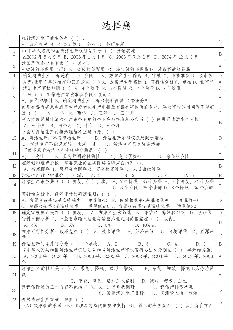 清洁生产审核培训考试以往真题个人汇总