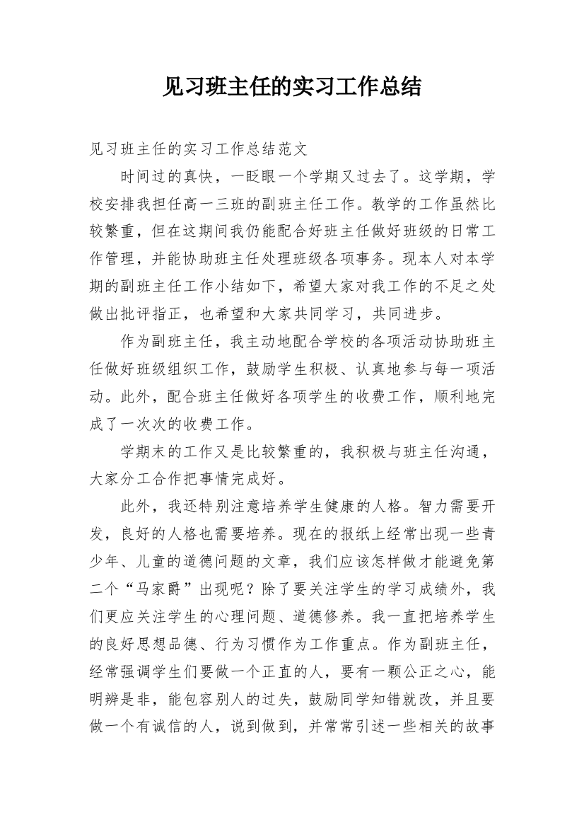 见习班主任的实习工作总结