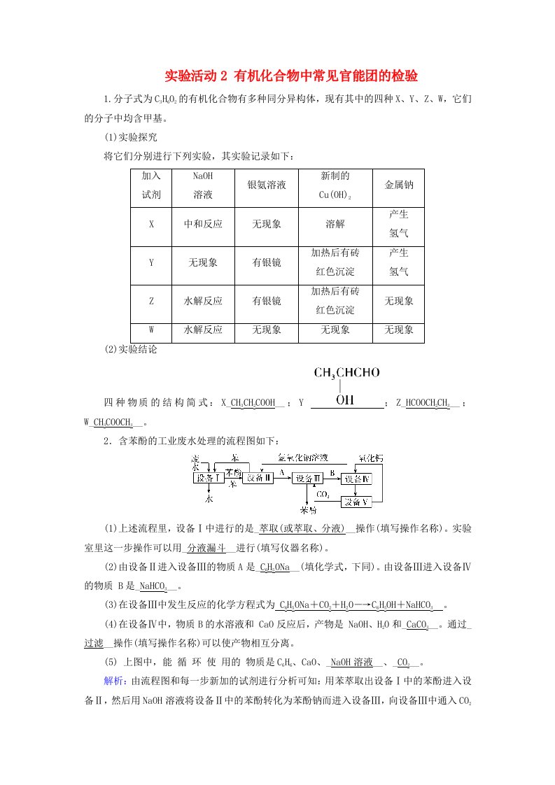 2024春新教材高中化学第3章烃的衍生物实验活动2有机化合物中常见官能团的检验随堂训练新人教版选择性必修3