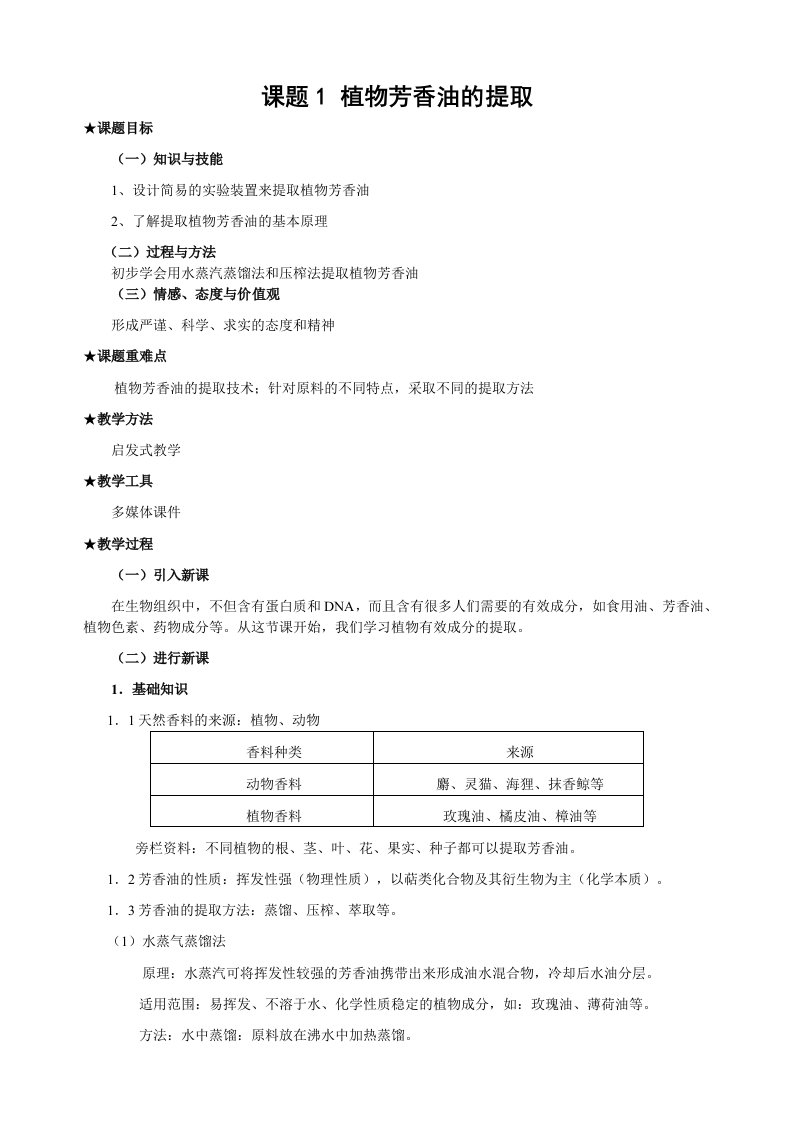 植物芳香油的提取-教案