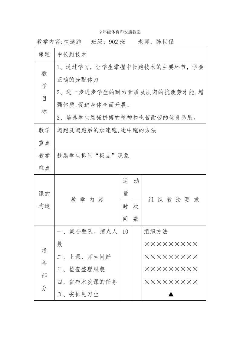 9年级体育与健康教案