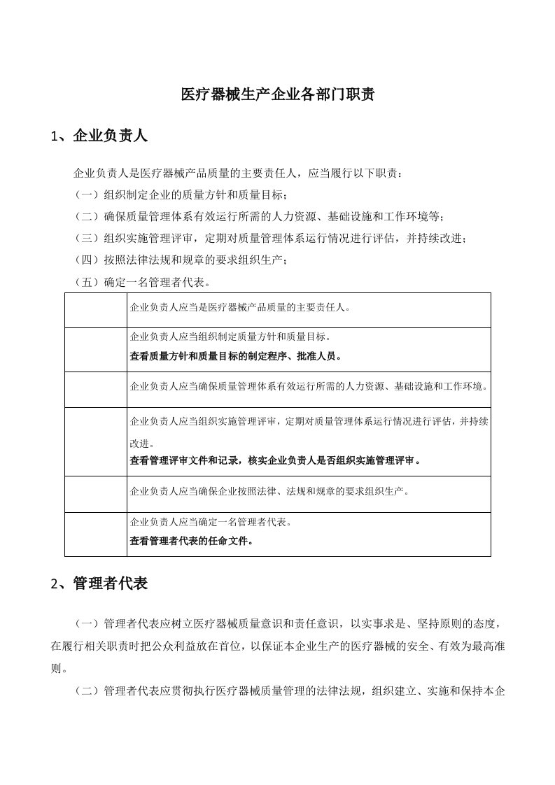 医疗器械生产企业各部门职责